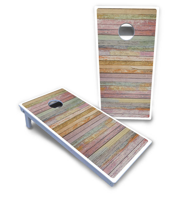 Waterproof - Colorful Planks Design - All Weather Boards "Outdoor Solution" 18mm(3/4")Direct UV Printed - Regulation 2' by 4' Cornhole Boards (Set of 2 Boards) Double Thick Legs, with Leg Brace & Dual Support Braces!