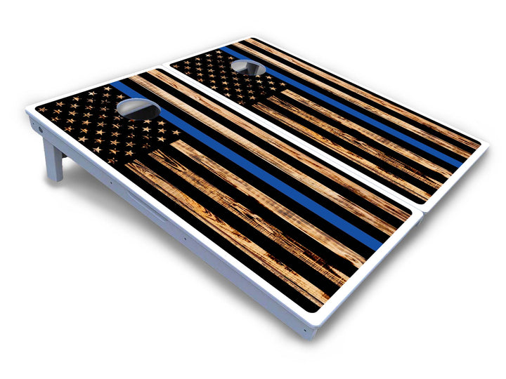 Blue & Red Line Burnt Flag Cornhole Boards - All Weather Series