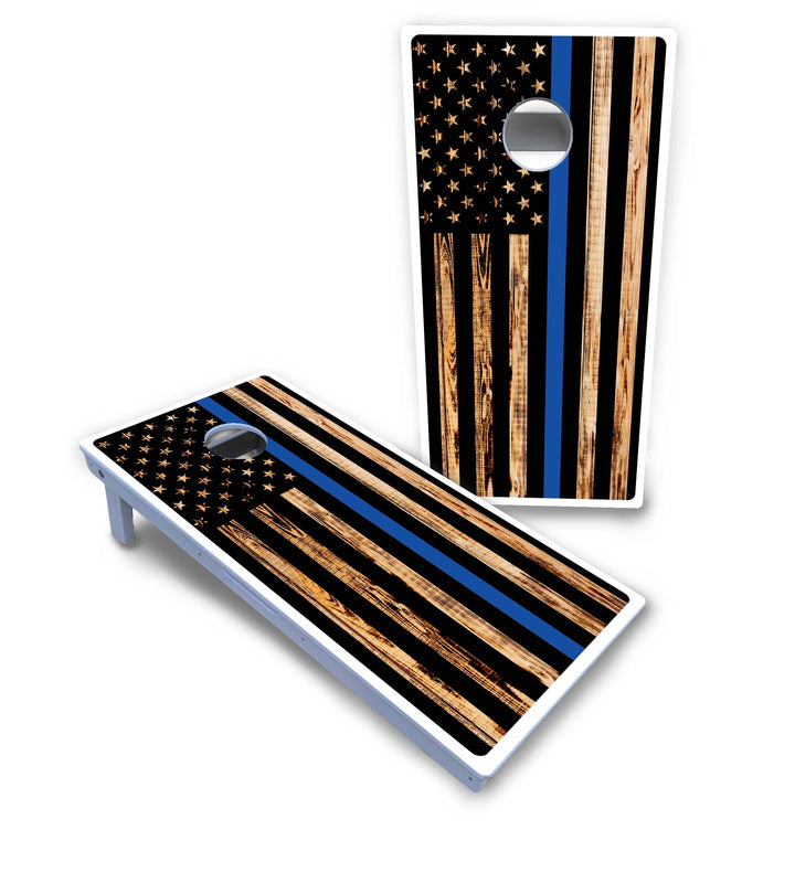 Blue & Red Line Burnt Flag Cornhole Boards - All Weather Series