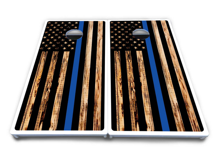 Blue & Red Line Burnt Flag Cornhole Boards - All Weather Series