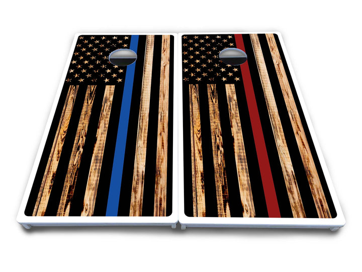 Blue & Red Line Burnt Flag Cornhole Boards - All Weather Series