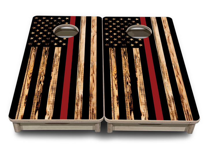 Blue & Red Line Burnt Flag - Mini or Vacation Size Cornhole Boards