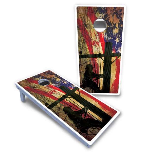 Waterproof - Faded Lineman - All Weather Boards "Outdoor Solution" 18mm(3/4")Direct UV Printed - Regulation 2' by 4' Cornhole Boards (Set of 2 Boards) Double Thick Legs, with Leg Brace & Dual Support Braces!