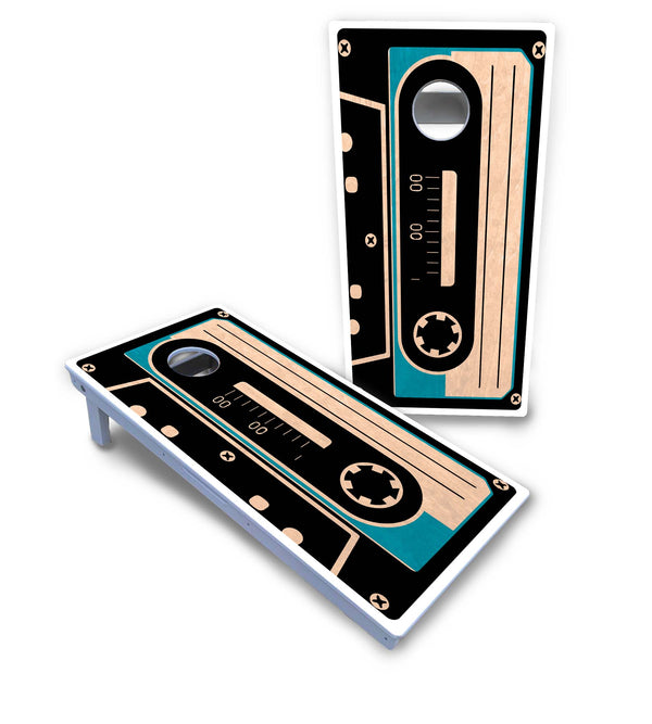 Waterproof - Cassette Tape Design - All Weather Boards "Outdoor Solution" 18mm(3/4")Direct UV Printed - Regulation 2' by 4' Cornhole Boards (Set of 2 Boards) Double Thick Legs, with Leg Brace & Dual Support Braces!