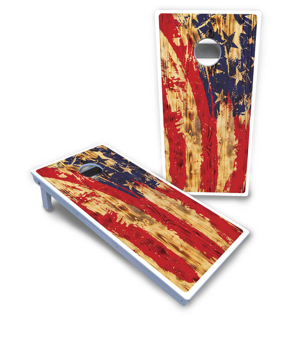 Waterproof - Faded Brush Burnt Flag - All Weather Boards "Outdoor Solution" 18mm(3/4")Direct UV Printed - Regulation 2' by 4' Cornhole Boards (Set of 2 Boards) Double Thick Legs, with Leg Brace & Dual Support Braces!