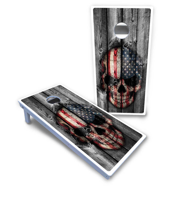Waterproof - Skull Flag Rustic Background - All Weather Boards "Outdoor Solution" 18mm(3/4")Direct UV Printed - Regulation 2' by 4' Cornhole Boards (Set of 2 Boards) Double Thick Legs, with Leg Brace & Dual Support Braces!