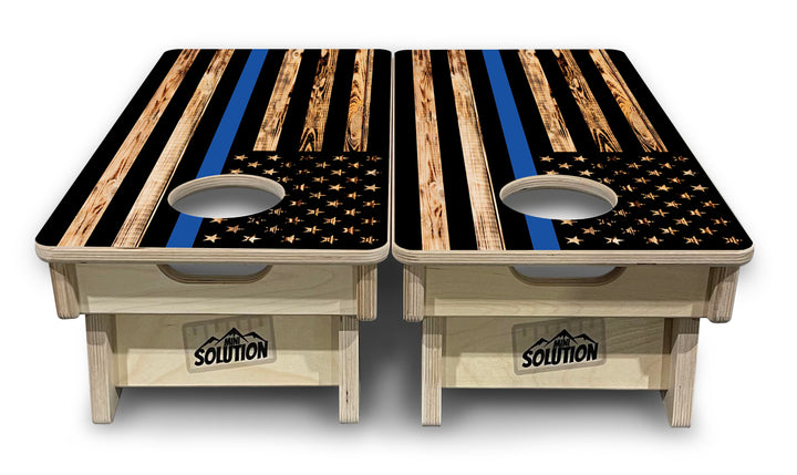 Blue & Red Line Burnt Flag - Mini or Vacation Size Cornhole Boards