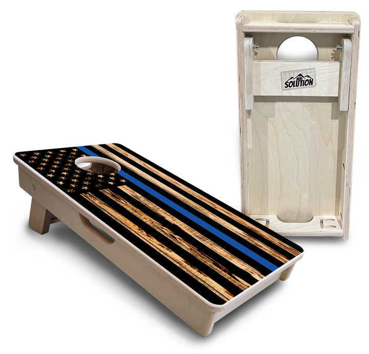 Blue & Red Line Burnt Flag - Mini or Vacation Size Cornhole Boards