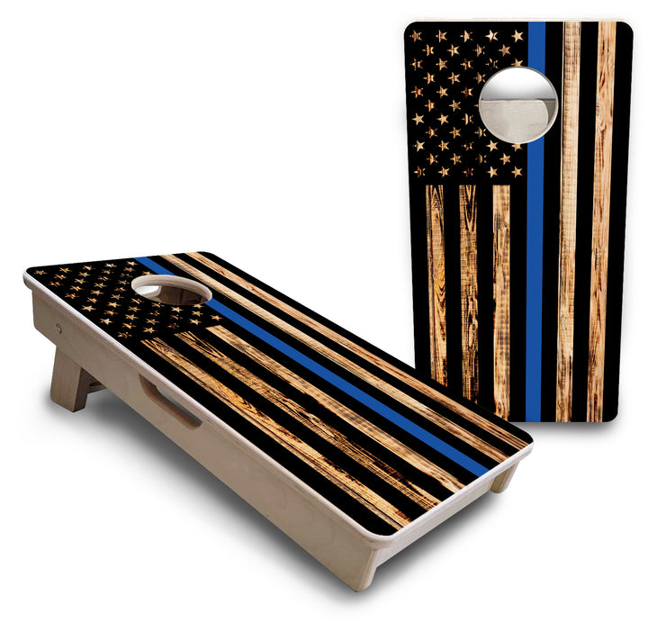 Blue & Red Line Burnt Flag - Mini or Vacation Size Cornhole Boards