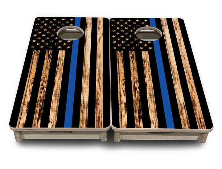 Blue & Red Line Burnt Flag - Mini or Vacation Size Cornhole Boards