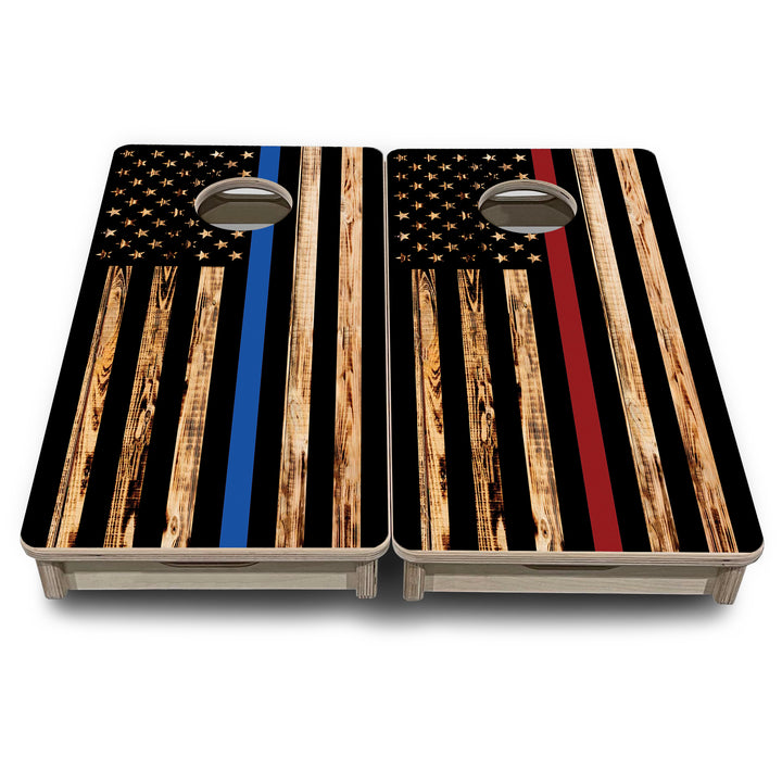 Blue & Red Line Burnt Flag - Mini or Vacation Size Cornhole Boards