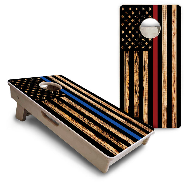 Blue & Red Line Burnt Flag - Mini or Vacation Size Cornhole Boards