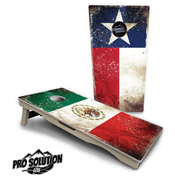 Pro Solution Lite - Rustic Texas & Mexican Flag - Professional Tournament Cornhole Boards 3/4" Baltic Birch - Zero Bounce Zero Movement Vertical Interlocking Braces for Extra Weight & Stability +Double Thick Legs +Airmail Blocker