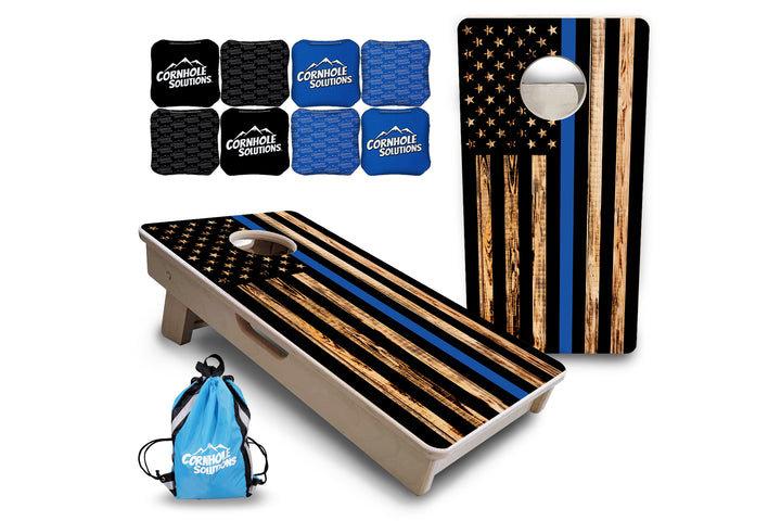 Blue & Red Line Burnt Flag - Mini or Vacation Size Cornhole Boards