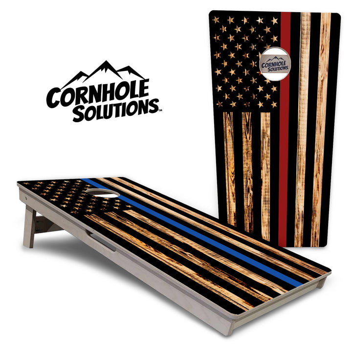 Blue & Red Line Burnt Flag Cornhole Boards - Professional Tournament Series