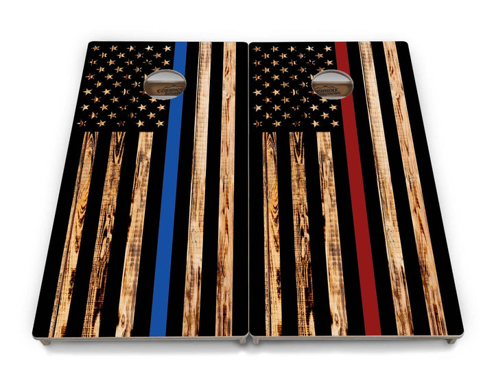 Blue & Red Line Burnt Flag Cornhole Boards - Professional Tournament Series
