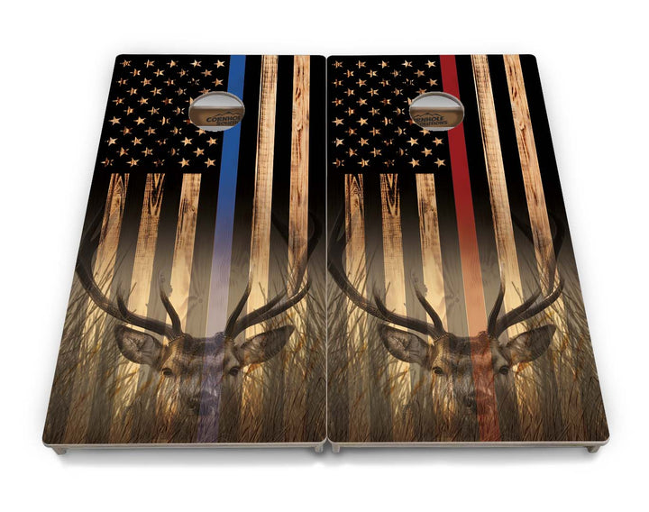 Blue & Red Line Burnt Flag Deer & Fish Cornhole Boards - Professional Tournament Series