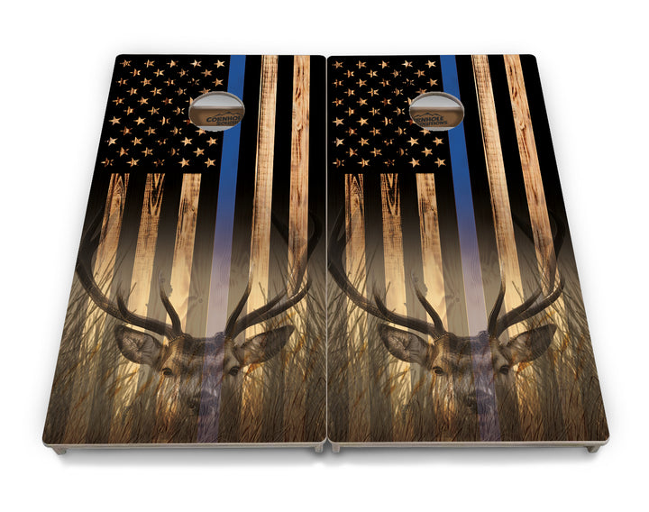 Blue & Red Line Burnt Flag Deer & Fish Cornhole Boards - Professional Tournament Series