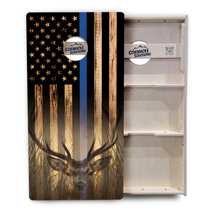 Blue & Red Line Burnt Flag Deer & Fish Cornhole Boards - Professional Tournament Series