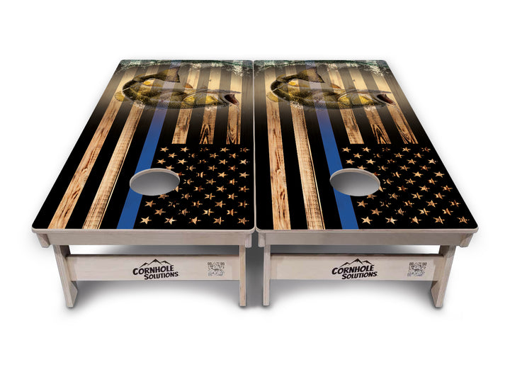 Blue & Red Line Burnt Flag Deer & Fish Cornhole Boards - Professional Tournament Series