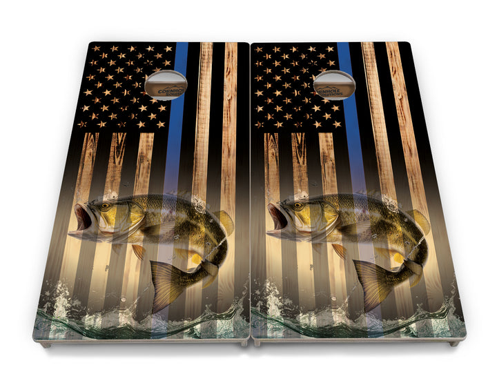 Blue & Red Line Burnt Flag Deer & Fish Cornhole Boards - Professional Tournament Series