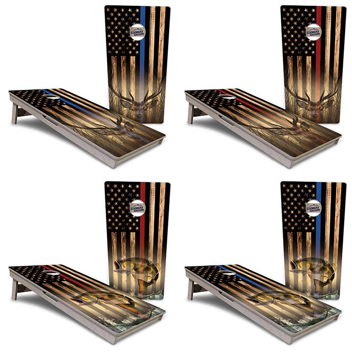 Blue & Red Line Burnt Flag Deer & Fish Cornhole Boards - Professional Tournament Series
