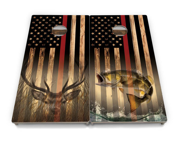 Blue & Red Line Burnt Flag Deer & Fish Cornhole Boards - Professional Tournament Series