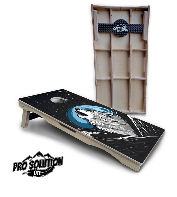 Pro Solution Lite - Wolf Howling - Professional Tournament Cornhole Boards 3/4" Baltic Birch - Zero Bounce Zero Movement Vertical Interlocking Braces for Extra Weight & Stability +Double Thick Legs +Airmail Blocker