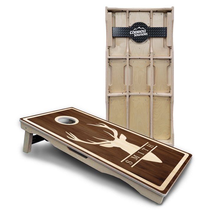Personalized Buck Woodgrain Cornhole Boards – Pro Lite or Pro Elite