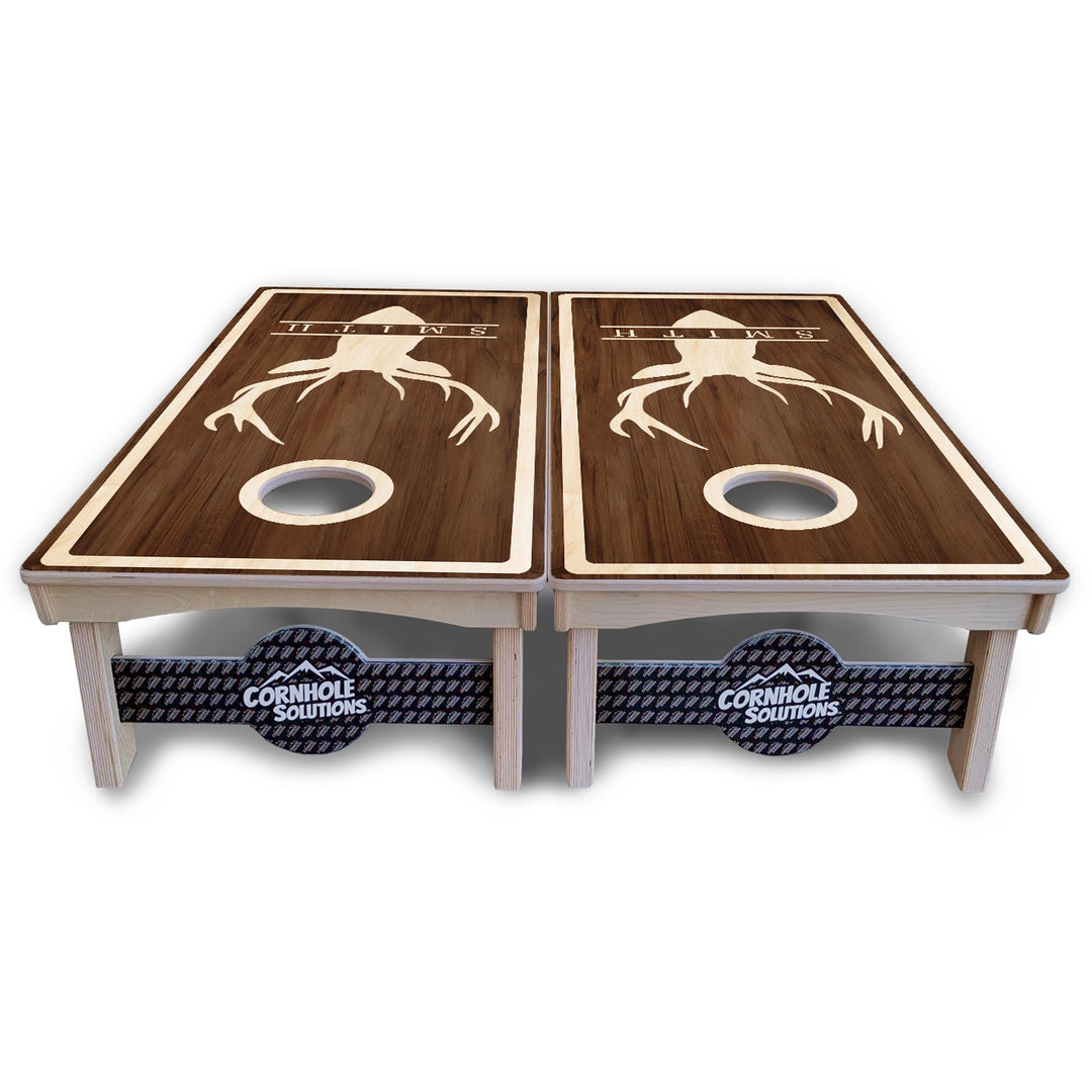 Personalized Buck Woodgrain Cornhole Boards – Pro Lite or Pro Elite