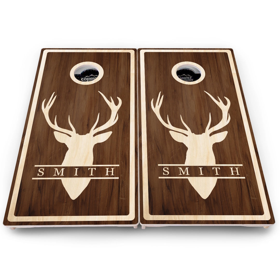 Personalized Buck Woodgrain Cornhole Boards – Pro Lite or Pro Elite