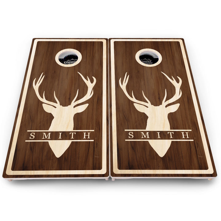 Personalized Buck Woodgrain Cornhole Boards – Pro Lite or Pro Elite