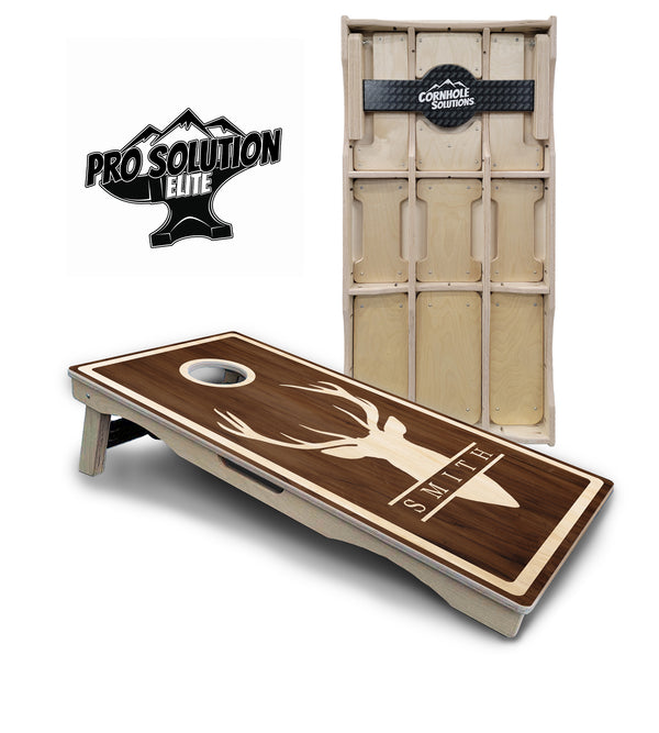 Pro Solution Elite - Dark Stain w/Deer Head Design - Professional Tournament Cornhole Boards 3/4" Baltic Birch - Zero Bounce Zero Movement Vertical Interlocking Braces for Extra Weight & Stability +Double Thick Legs +Airmail Blocker