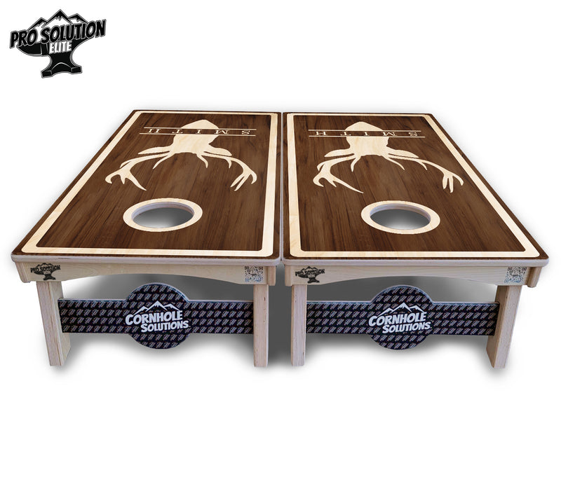 Pro Solution Elite - Deer Head Name Design - Professional Tournament Cornhole Boards 3/4" Baltic Birch - Zero Bounce Zero Movement Vertical Interlocking Braces for Extra Weight & Stability +Double Thick Legs +Airmail Blocker