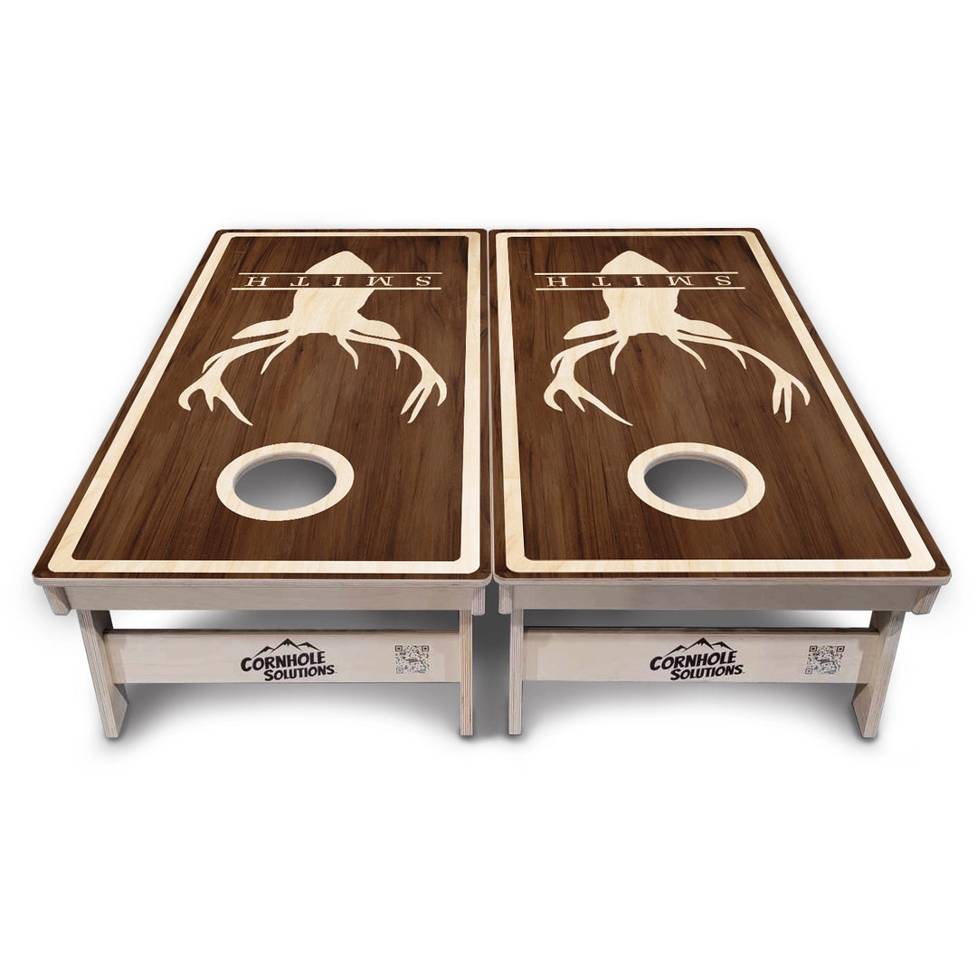 Personalized Buck Woodgrain Cornhole Boards – Tournament Series