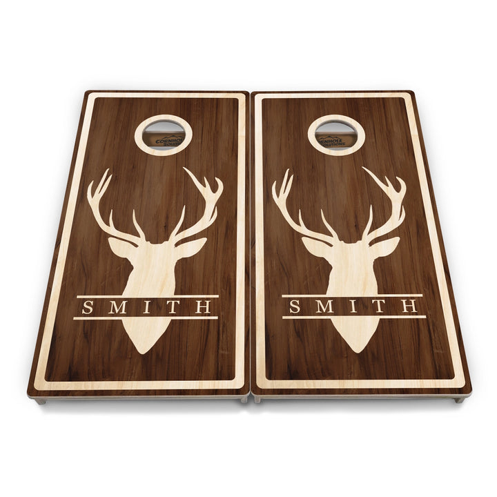 Personalized Buck Woodgrain Cornhole Boards – Tournament Series