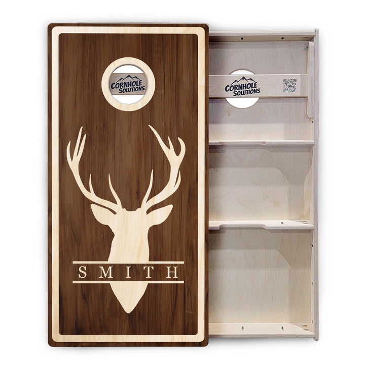 Personalized Buck Woodgrain Cornhole Boards – Tournament Series