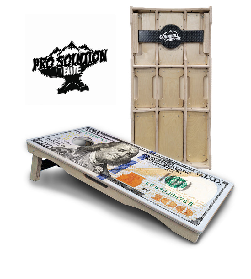 Pro Solution Elite - $100 Bill Design - Professional Tournament Cornhole Boards 3/4" Baltic Birch - Zero Bounce Zero Movement Vertical Interlocking Braces for Extra Weight & Stability +Double Thick Legs +Airmail Blocker