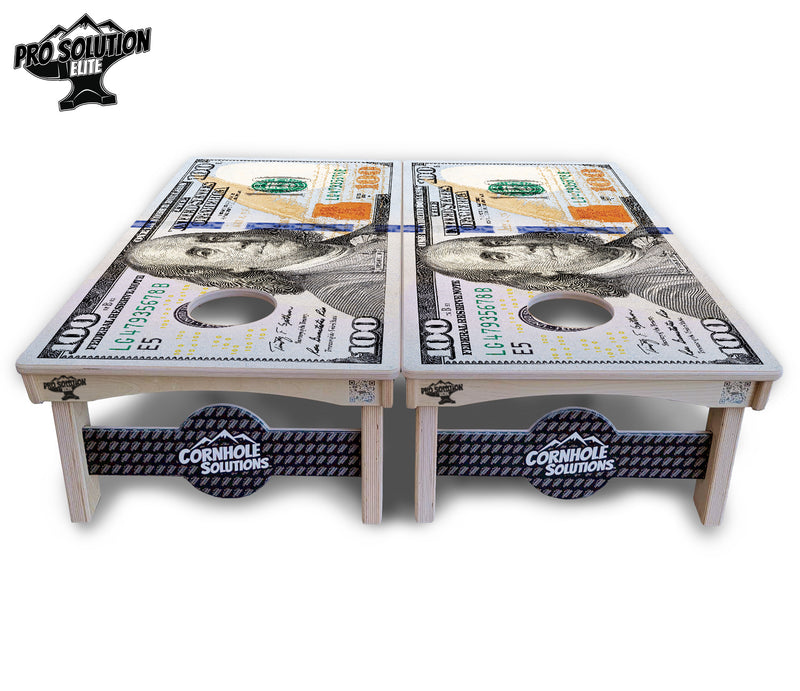 Pro Solution Elite - $100 Bill Design - Professional Tournament Cornhole Boards 3/4" Baltic Birch - Zero Bounce Zero Movement Vertical Interlocking Braces for Extra Weight & Stability +Double Thick Legs +Airmail Blocker