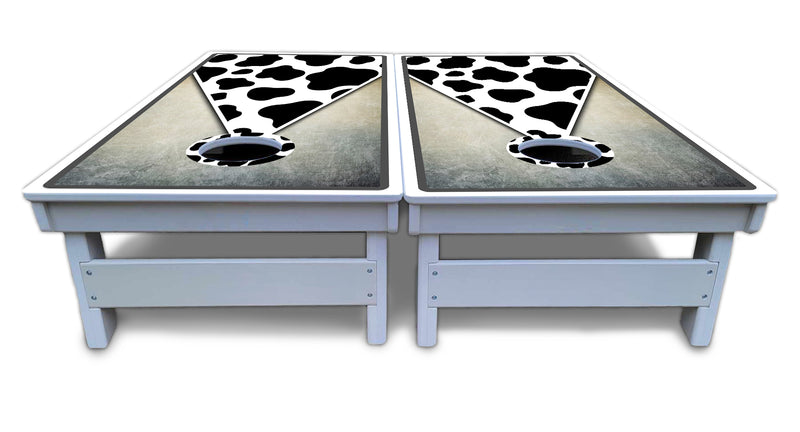 Waterproof - Cow Print Triangle - All Weather Boards "Outdoor Solution" 18mm(3/4")Direct UV Printed - Regulation 2' by 4' Cornhole Boards (Set of 2 Boards) Double Thick Legs, with Leg Brace & Dual Support Braces!