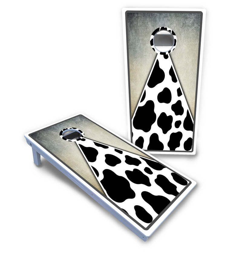 Waterproof - Cow Print Triangle - All Weather Boards "Outdoor Solution" 18mm(3/4")Direct UV Printed - Regulation 2' by 4' Cornhole Boards (Set of 2 Boards) Double Thick Legs, with Leg Brace & Dual Support Braces!