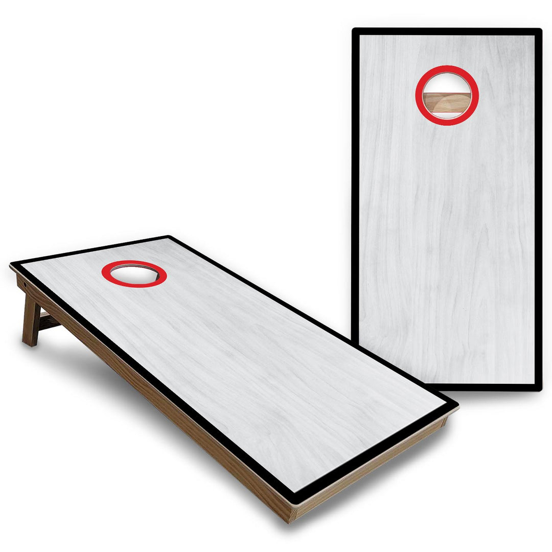 Red/Black Hole Ring Grey Wash Cornhole Boards - Backyard Series