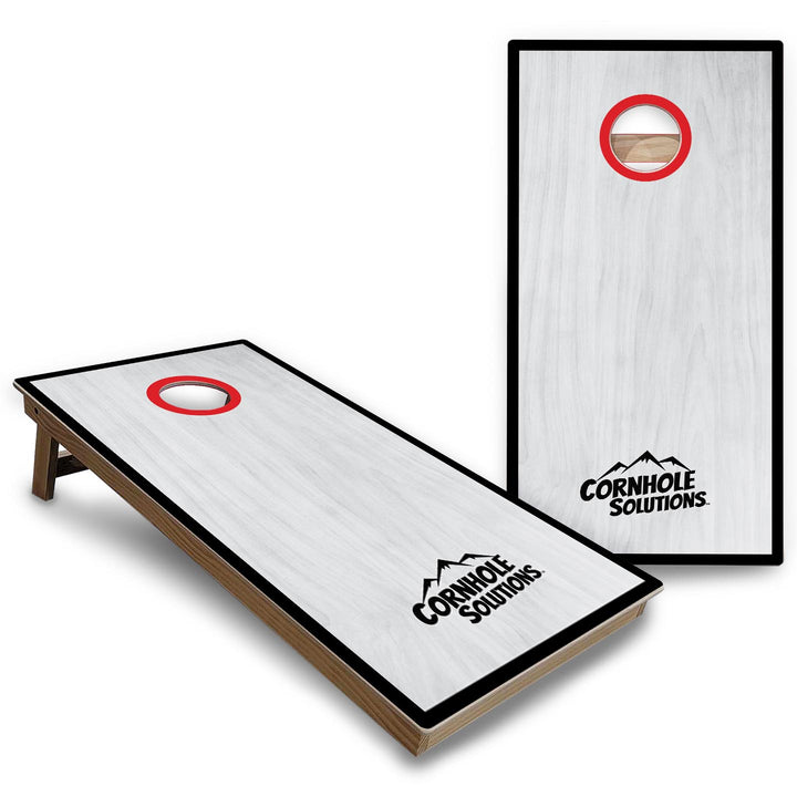 Red/Black Hole Ring Grey Wash Cornhole Boards - Backyard Series