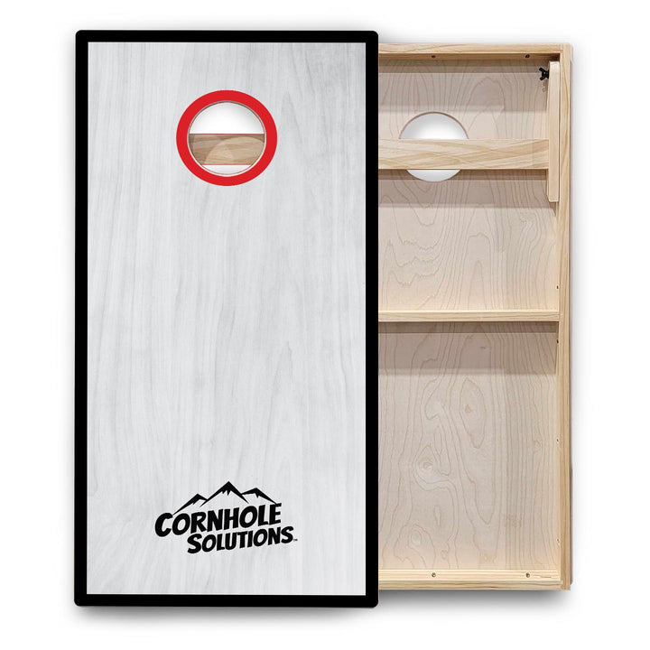 Red/Black Hole Ring Grey Wash Cornhole Boards - Backyard Series