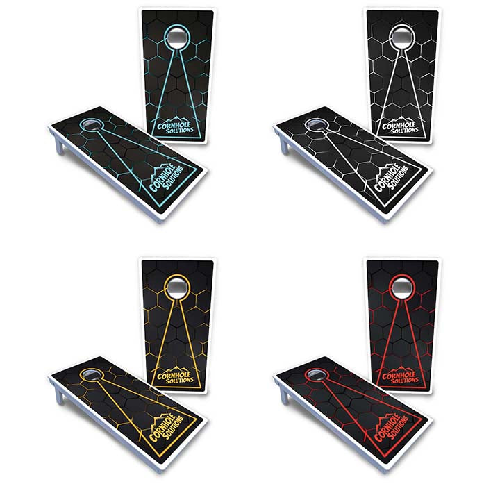 Waterproof - Glow Hole Black Design Options - All Weather Boards "Outdoor Solution" 18mm(3/4")Direct UV Printed - Regulation 2' by 4' Cornhole Boards (Set of 2 Boards) Double Thick Legs, with Leg Brace & Dual Support Braces!