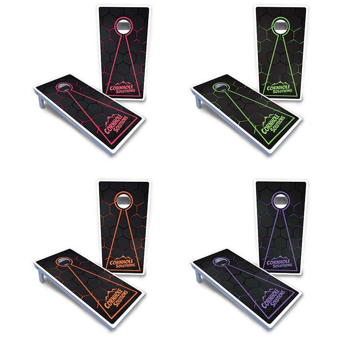 Waterproof - Glow Hole Black Design Options - All Weather Boards "Outdoor Solution" 18mm(3/4")Direct UV Printed - Regulation 2' by 4' Cornhole Boards (Set of 2 Boards) Double Thick Legs, with Leg Brace & Dual Support Braces!