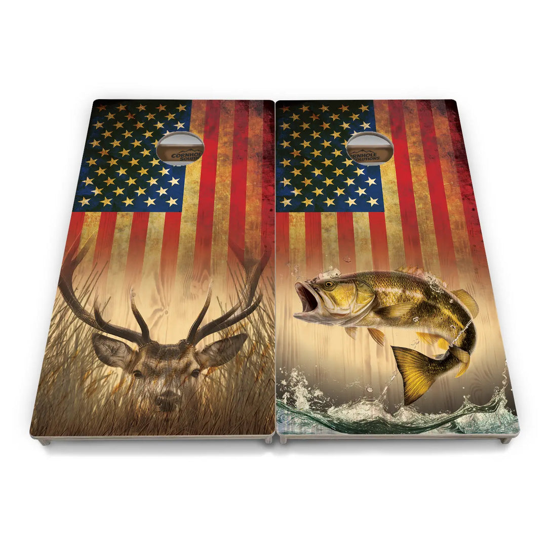 Red White Blue Deer & Fish Flag Cornhole Boards – Tournament Series