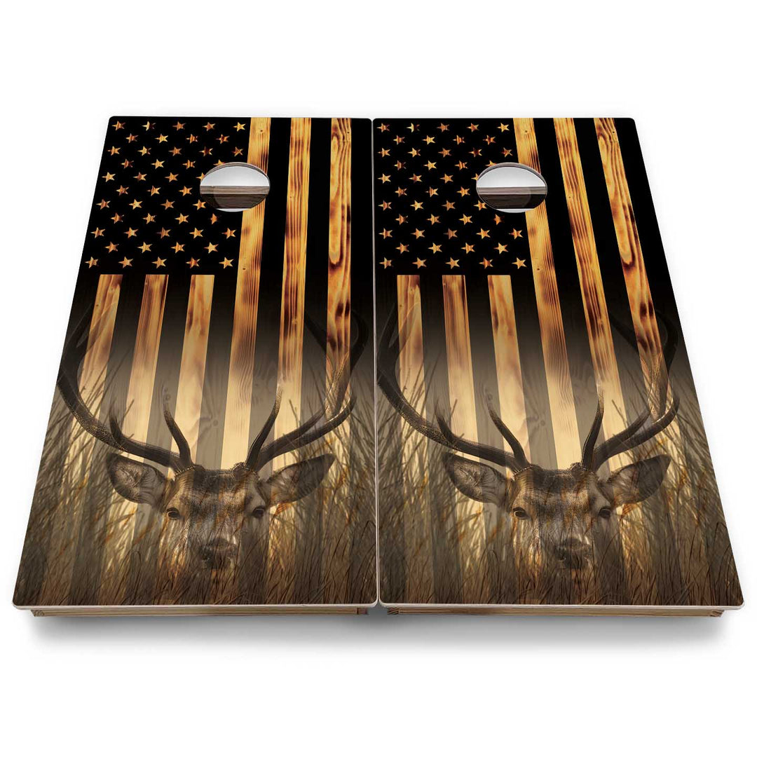 Hidden Deer & Fish Burnt Flag Cornhole Boards - Backyard Series