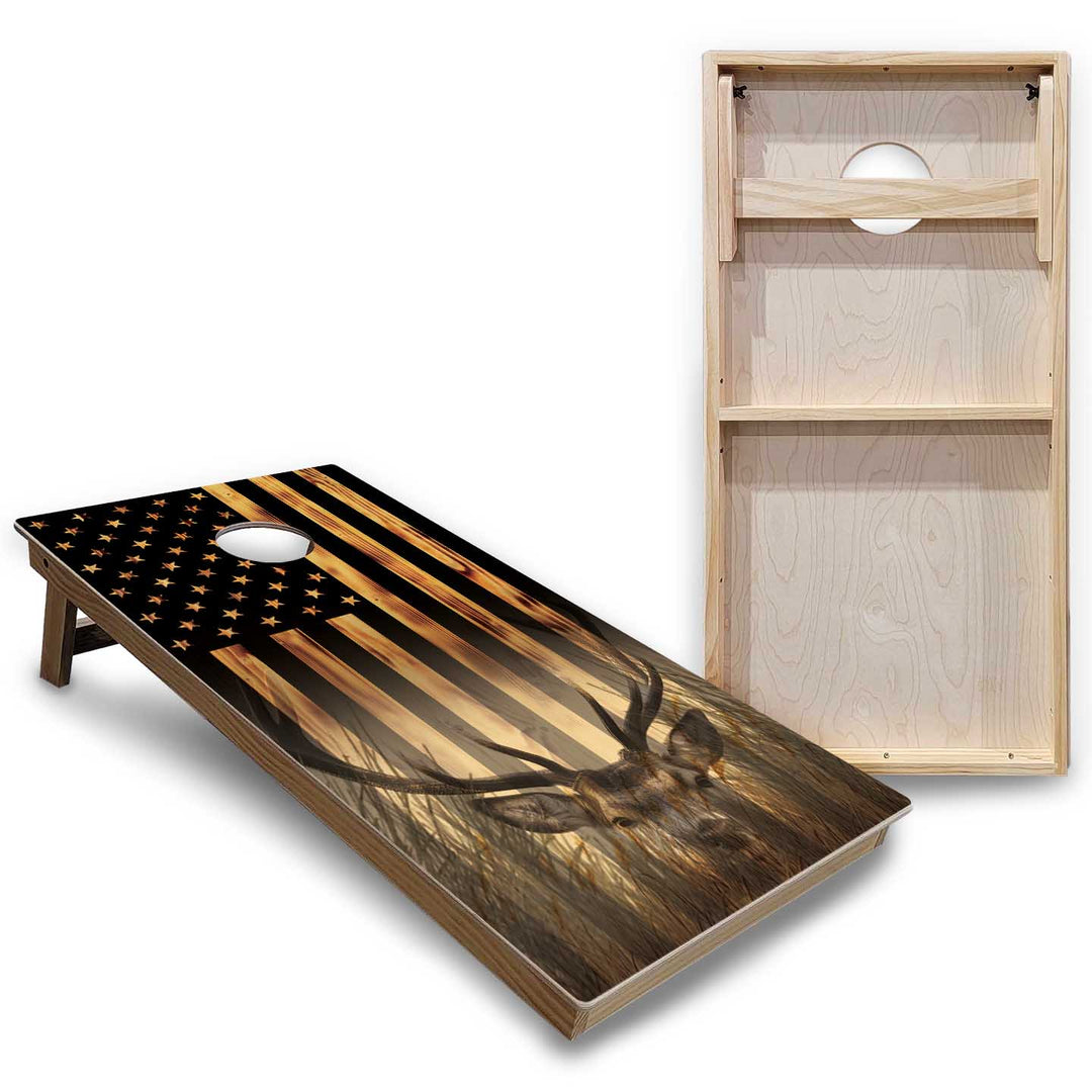 Hidden Deer & Fish Burnt Flag Cornhole Boards - Backyard Series