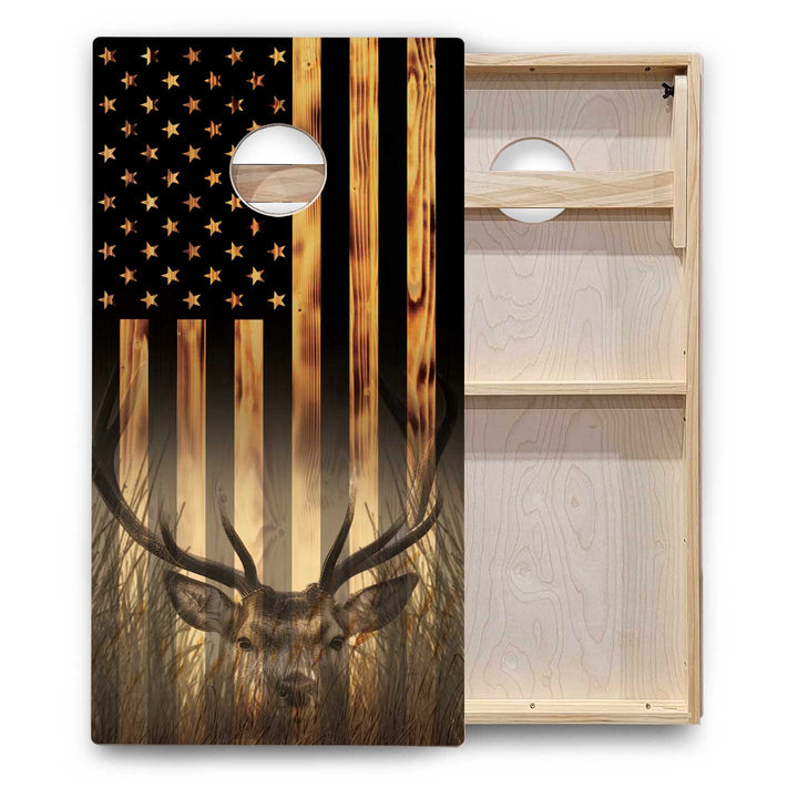 Hidden Deer & Fish Burnt Flag Cornhole Boards - Backyard Series